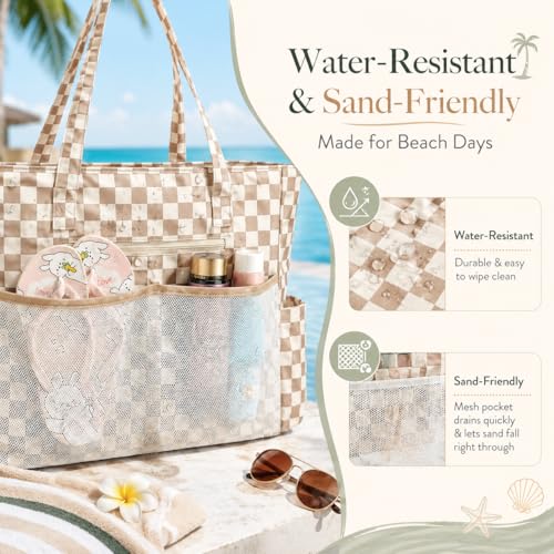 Bluboon Waterproof Beach Tote Pool Bags for Women Ladies Extra Large Carry On Bag With Wet Compartment for Weekender Travel - color: Dark Brown Checkered