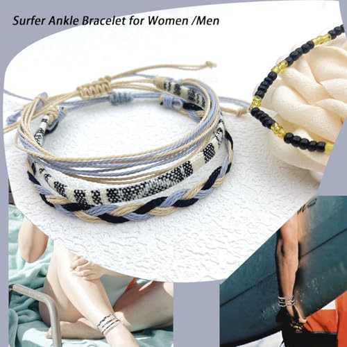 Beach Summer Ankle Bracelet for Women Handmade Braided Adjustable String Anklets Waterproof Surfer Bracelet - color: Gray