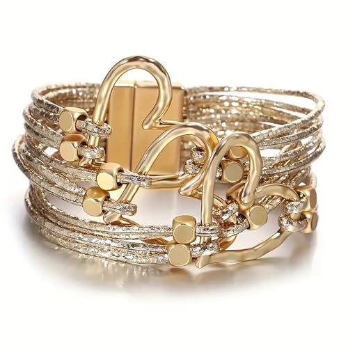 Fesciory Leather Wrap Bracelets for Women, Boho Leopard Multi-Layer Crystal Beads Cuff Bracelet Jewelry - color: Heart(Gold)