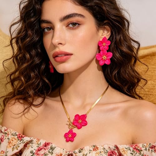 WCRAZYE Gold Flower Earrings Necklace Set for Women Boho Summer Daisy Floral Statement Earrings Brides Wedding Guest Dresses Jewelry - color: Rose Red