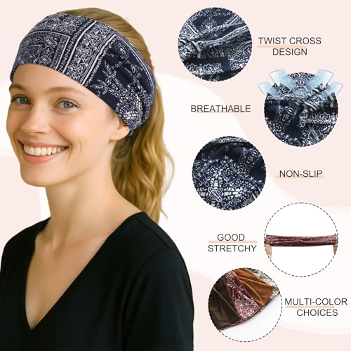 Artilady 6 Pack Boho Headbands for Women - Wide Bandana Headband Non Slip Stretchy Cheetah Paisley Print Turban Headwarp Twisted for Girls - color: Dark Patterned
