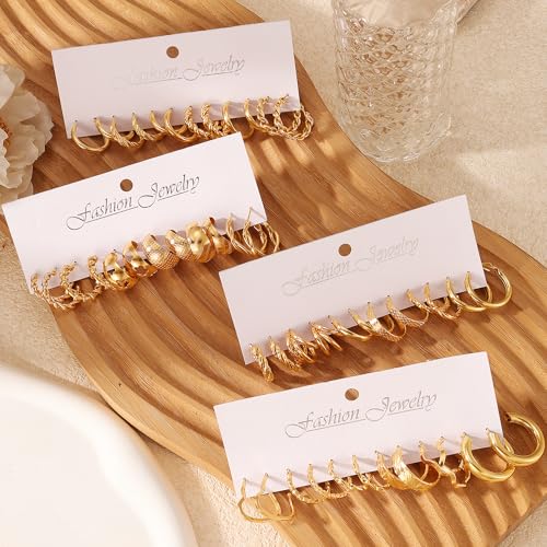 24 Pairs Gold Hoop Earrings Set for Women Hypoallergenic Chunky Chain Twisted Open Hoops Dangle Earring Packs for Birthday Party Fashion Jewelry Gift - color: Gold