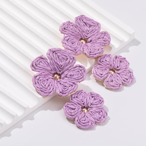 Boho Flower Earrings Statement Raffia Dangle Earrings Cute Floral Jewelry Trendy Summer Beach Vacation Outfits for Women - color: Purple