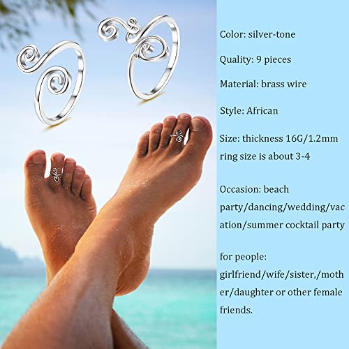 FIBO STEEL 9 Pcs Adjustable Toe Rings for Women Open African Toe Rings Summer Beach Foot Jewelry - color: Silver-tone