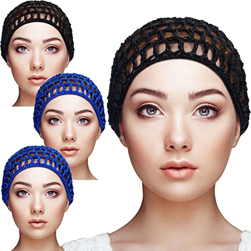 Geyoga 4 Pieces Mesh Crochet Hair Net Rayon Knit Snood Hat Thick Short Women Hairnet Snoods Cover Ornament for Sleeping (Black, Blue) - color: Black, Blue