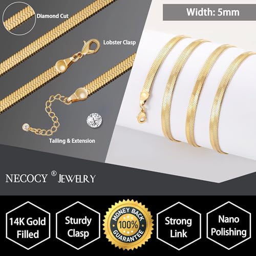 NECOCY 14K Gold Plated Necklaces for Women, Dainty Gold Herringbone Choker Necklace Thin Layered Snake Chain Jewelry for Gifts - color: 5MM 14"-GD Herringbone Necklace