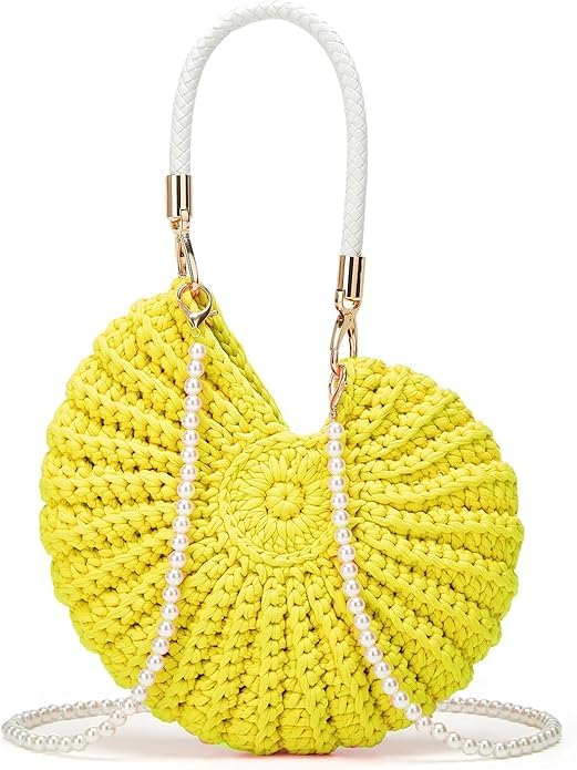 Handmade Crochet Tote Bag Seashell Purse for Women Boho Shell Handbag Crossbody Shoulder Bag Summer Beach Clutch Hobo Handbag - color: Yellow