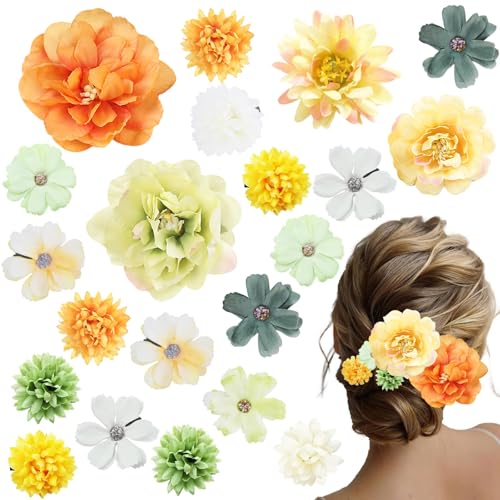 21 Pieces Silk Flower Hair Clip Women Aesthetic Boho Floral Hair Barrettes Handmade Rose Bride Barre Hair Accessories Wedding(Green & Yellow) - color: Green & Yellow