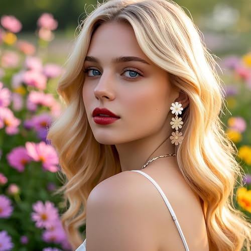 Raffia Flower Earrings Boho Handmade Straw Wrapped Drop Dangle Earrings for Women Summer Beach Jewelry - color: khaki