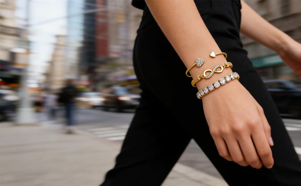 Alegend Titanium Steel (Not Rust, Resist Corruption, Easily Clean) 18K Gold Plated Single Bracelets + 14K Gold Plated Stackable Multilayer Bracelets - style: 14K Gold Heart & Infinity Symbol