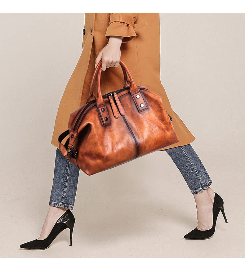 Iswee Genuine Leather Satchel Tote Bag Top Handle Handbag Designer Shoulder Bag Large Capacity Cross Body Bag - color: Brown