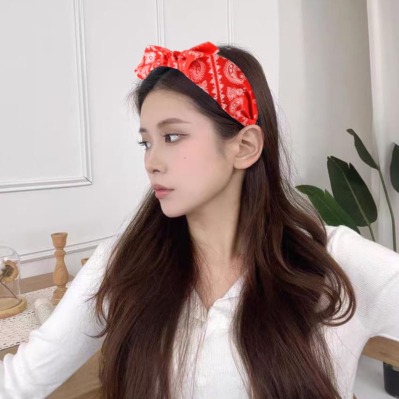 Red Boho Paisley Bandana Hair Bands with Knotted Bow and Rabbit Ear Headbands for Women and Girls - Non-Slip Headbands - color: red