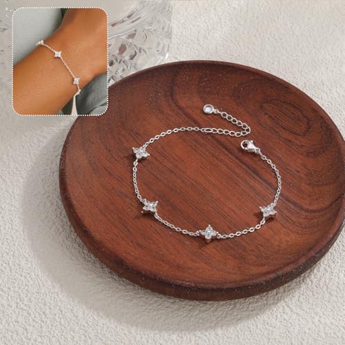 Dainty Silver Gold Bracelets for Women Trendy Non Tarnish 14K Gold Plated Cute Clover Bracelet Stackable Daisy Cubic Zirconia Diamond Charm Bracelet Stack Waterproof Jewelry Gifts - color: A- Clover Bracelet- Silver