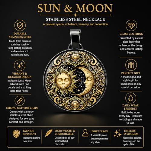 1pc Stunning Round Pendant Necklace - Unique Sun & Moon Pattern, Oil Painting Style Glass Mosaic, Alloy Construction, Trendy Sweater Chain, Fashionable Gift for Women - Christmas or Birthday Gift - color: Gray Moon (Black)