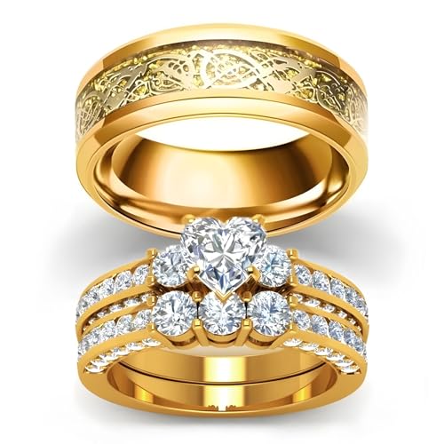3Pcs Moissanite Wedding Rings Sets for Couples, s925 10K 14K 18K Real Gold Wedding Rings Sets for Him and Her, Customized Matching Engagement Bands Set for Men and Women Free Engraving - style: Style-3