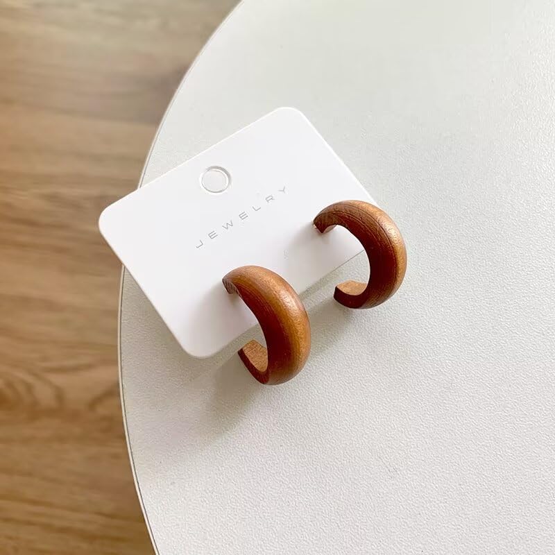 Boho Retro Wooden Lightweight Geometric C Hoop Earrings Natural Wood Stud Earrings for Women - color: Brown