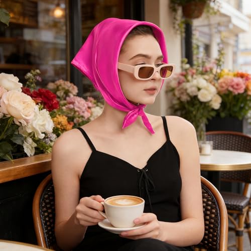 American Trends Women Silk Feeling Scarf Satin Head Scarves Square Wrap Neck Scarf Lightweight Silk Like Bandana - color: 06 Rose Red