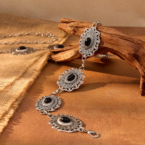 XZQTIVE Women Boho Chain Belts For Dresses Jeans Western Cowgirl Waist Links Belt Adjustable Metal Concho Belt - color: Black Turquoise Silver, size: Fit Waist up to 46 In