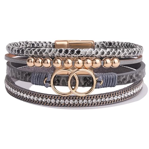 FANCY SHINY Boho Leather Wrap Bracelet Stackable Infinity Chunky Cuff Bracelets Western Hippie Outfits Jewelry Valentine Gifts for Women - color: Snakeskin Grey