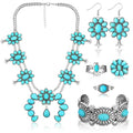 Ecally Bohemian Western Jewelry Turquoise Set Women Country Pendant Long Choker Layered Bracelets Earrings Ring for Women - color: Turquoise, style: Offbeat