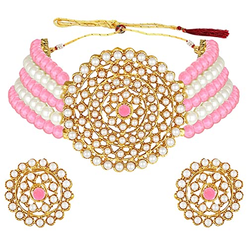 Aheli Pearl Diamond Choker Necklace & Round Earrings Gift for Women Indian Traditional Bollywood Fashion Bharatanatyam jewellery set - color: Pink & White