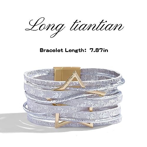 Long tiantian Leather Bracelets for Women Men Heart Wrap Bracelets Western Jewelry Cowgirl Outfits Birthday Gifts for Her - color: B9:silver leather bracelet
