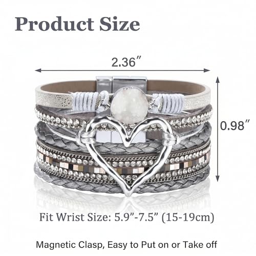 Long tiantian Leather Bracelets for Women Warp Bracelet Stackable Boho Layered Bracelet Chunky Heart Trendy Birthday Gifts for Her - color: A10：chunky bracelets for women(silver)