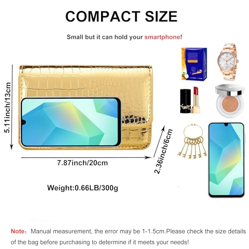 Small Crossbody Purse Bag for Women，Y2K Cute Metallic Croc-Embossed Handbag with Chain Strap - color: Medium Gold（fit Your Phone）