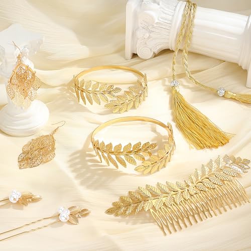 17 Pcs Greek Goddess Costume Accessories Set for Women Golden Leaf Headband Hair Clips Upper Earrings Arm Cuff Earrings Belt Toga Party Jewelry