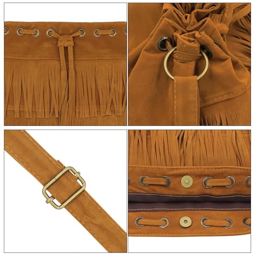 Fringe Hobo Purse Bags for Women Crossbody Purses with Drawstring Ladies Tassel Tote Shoulder Bucket Handbags,Brown - color: Brown(barrel Shape)