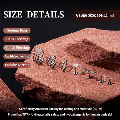 G23 Titanium 3PCS/7PCS 16G Cartilage Double-Hoop Helix Conch Piercing Jewelry With Cubic Zirconia Flat Back Stud Earrings Set For Women Men - color: B-7PCS-Silver-16G