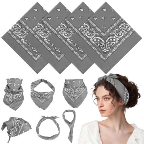 PLULON Bandanas for Men Women 4/12/24/30 Pack, Paisley Pattern Bandana Bulk Headbands Handkerchief Face Mask 100% Polyester - color: Gray