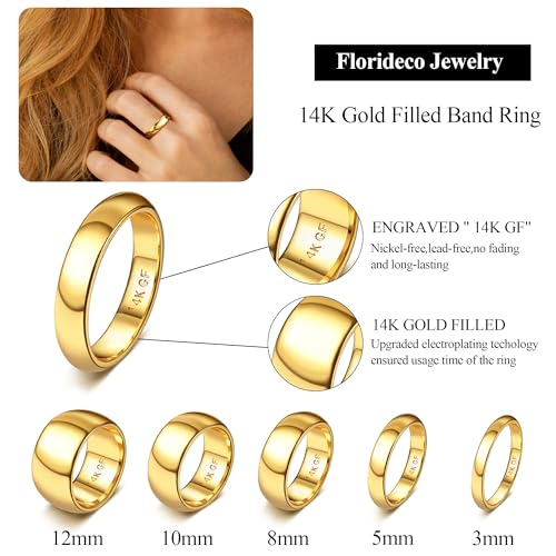 Florideco 14K Gold Filled Ring for Women Men Thick Thin Pinky Thumb Ring Wedding Band Ring Non Tarnish Plain Domed Comfort Fit Size 6 to 10 - color: 14K gold plated-5mm