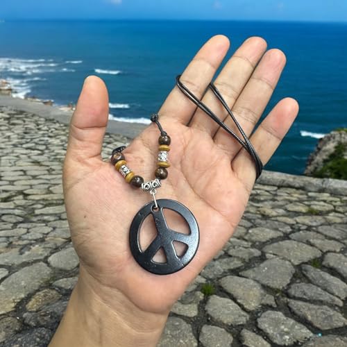 LAVIP Peace Sign Pendant Necklace, Black Cord with Wooden Beads, Boho Style - color: Black