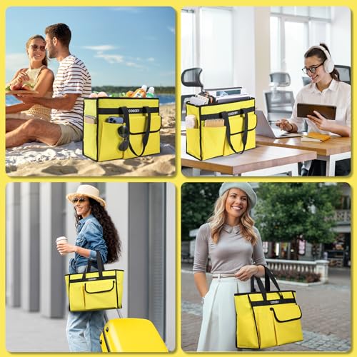 Large Utility Tote Bag with Reinforced Bottom, Waterproof Multi Pockets Beach Tote Bag for Travel, Work, School - color: Yellow