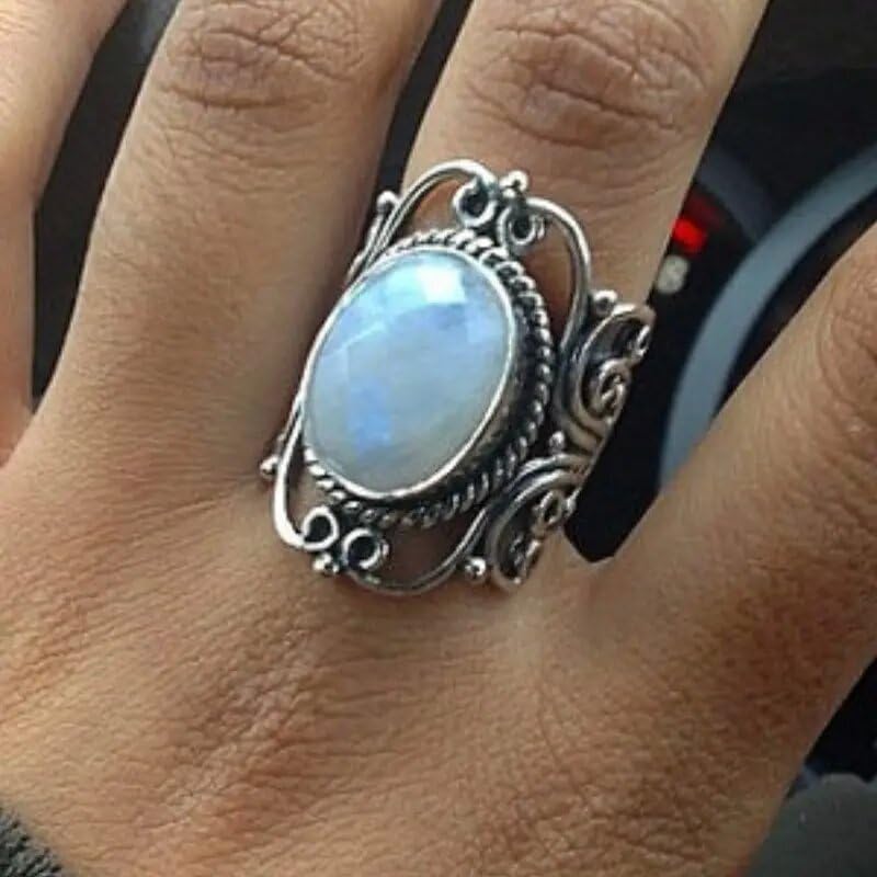 JerMrasra 925 Sterling Silver Vintage Natural Moonstone Rings Antique Boho Ladies Jewelry Elegant Gemstone Wedding Rings Geometric Cut-Out Filigree Women’s Ring Cocktail Party Rings 9 - size: 9
