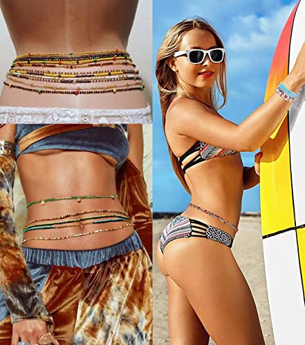 12PCS 24-70 Inches Plus Size Waist Beads Chains for Women Handmade African Belly Beads Layered Body Chain Beach Bikini Jewelry - size: 27.5 inches