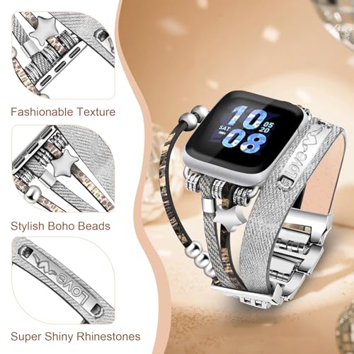 Boho Denim Bracelet for Apple Watch Band 42mm(Series 11/10)/40/41/38mm for Women, Multilayer Wrap Braided Strap for iWatch Bands Series 9/8/7/6/5/4/3/2/1/SE, Wristband for Apple Watch Girl Gray - color: E-Gray, size: 42(series 11/10)/41/40/38mm