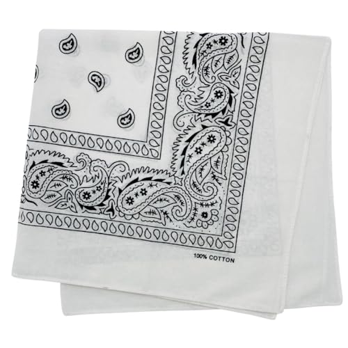 MDSTYLE 100% Cotton Bandana for Men & Women 22" x 22" Paisley Pattern Handkerchief Headband Scarf - color: White