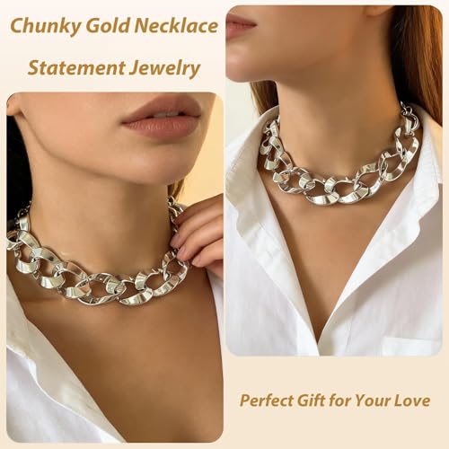 Long tiantian Chunky Gold Necklace Stack Chain Necklaces for Women Statement Layered Paperclip Choker Necklaces Statement Necklace for 80s 90s & Night Out Outfits Paperclip Style Fashion Jewelry - color: B2：Style P-Silver Chain