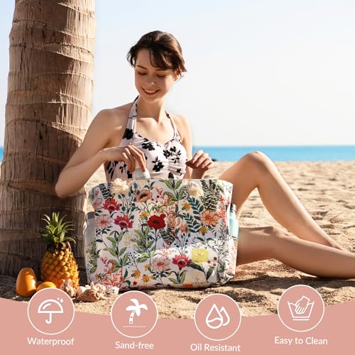 Clothirily Beach Bag for Women - Large Beach Tote Bag, Waterproof Sandproof Beach Bag with Zipper, Large Swim Pool Beach Tote - color: Flowers