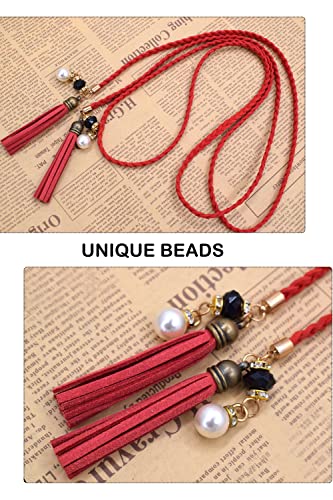 TeeYee Waist Belt Woven Knitted Rope/Chain PU leather 3 Pieces Tassel Rope Skinny Belt - color: 257redkakicoffee