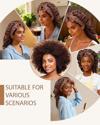 AWAYTR Long Satin Bonnet for Braids - Elastic Silk Hair Bonnets for Sleeping Night Cap Stretchy Tie Band for Women（Brown） - color: Brown