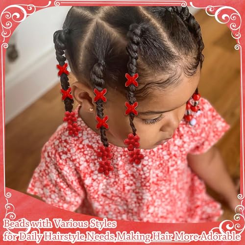 NAISKA 60PCS Valentines Red Beads for Hair Braids Kids Large Hole Hair Beads 2 Styles Dreadlock Bead Loc Jewelry Valentine's Day Braids Accessories for Women Girls - color: Red