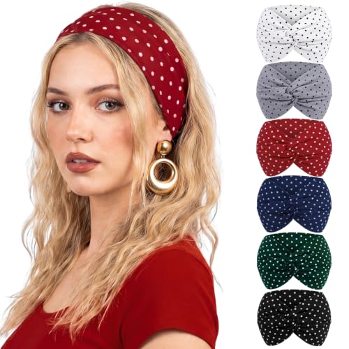 obeoby 6Pack Polka Dot Headbands for Women Girls, Wide Elastic Head Bands Non Slip for Workout, Trendy Thick Cross Hair Bands for Retro Y2K Outfit - color: Polka dots
