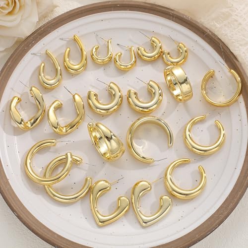 12 Pairs Chunky Gold Hoop Earrings for Women Trendy, Gold Plated Lightweight Hypoallergenic Stack, Thick Open Twisted Huggie Hoops Earring Set - color: 10 Pairs Gold Dainty