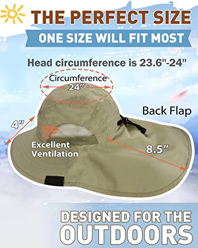 Tirrinia Wide Brim Sun Hat with Neck Flap for Men & Women, Breathable Hiking Fishing Safari Hat, Outdoor UV Protection Cap - color: Light Olive