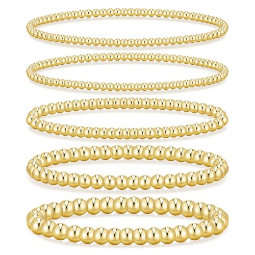 Gold Beaded Bracelets for Women, 14K Real Gold Plated Jewelry for Women Dainty Pearl Bead Bracelets Stack, Non Tarnish Trendy Stackable Ball Cross Stretch Bracelet Set Fashion Accessories Gifts - color: Gold stretch bead