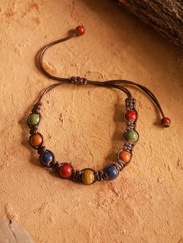 MINACHI Bohemian Colorful Ceramic Bead Adjustable Leather Bracelet, Boho Hippie Summer Jewelry Gift for Women - color: S01B