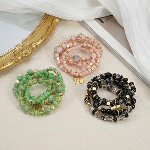 Bohemian Bracelet Sets for Women - 4-Pack Stackable Stretch Bead Bracelets with Black＆White Crystal & Gold Accessories, Multi-Layer Boho Jewelry - color: 6Pack-D